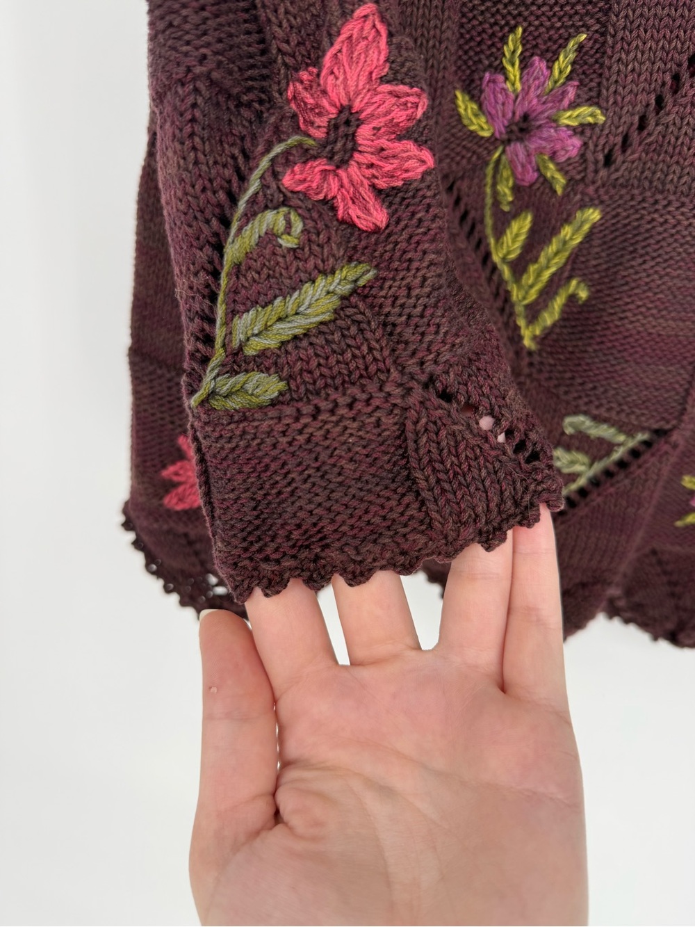 Peruvian Connection L Embroidered Pima Cotton Open Knit Floral Sweater Boho Art - Picture 6 of 14